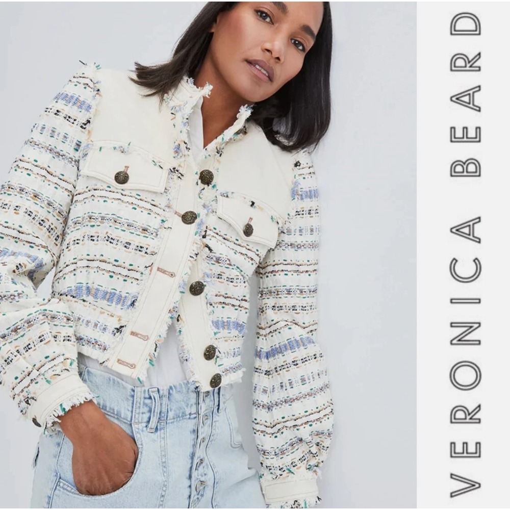 Veronica Beard Cropped Tweed Mixed Media Jacket Ivory Blue Fringe Size 2